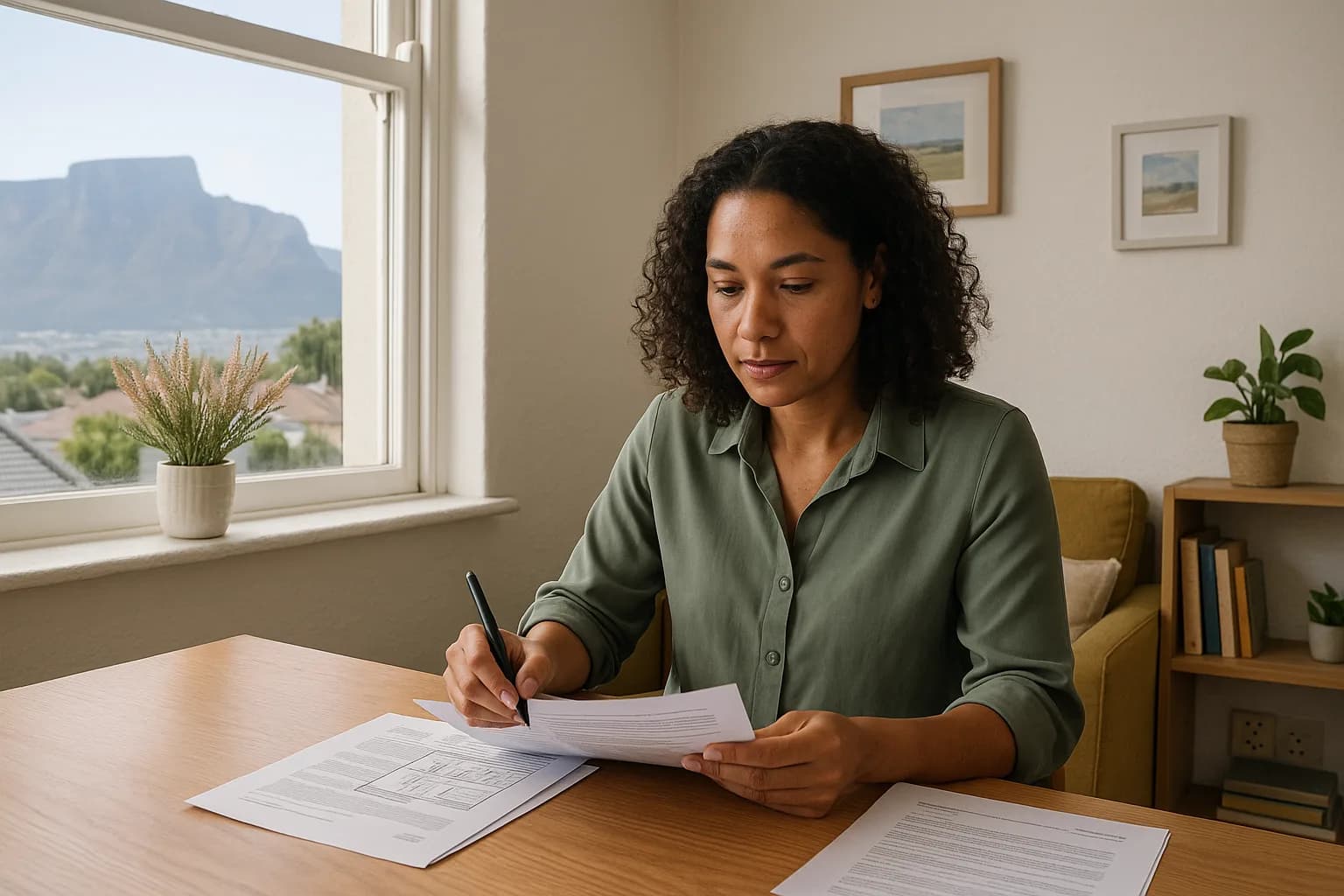 A South African conveyancer reviewing property transfer documents at a desk with Table Mountain visible through the window.