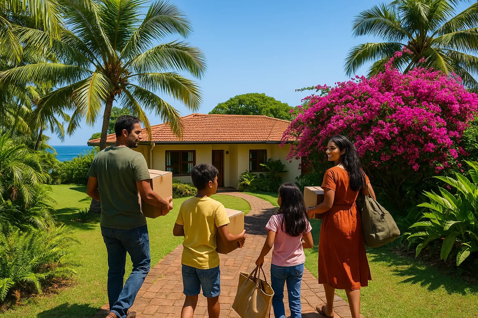A South African family carrying moving boxes approaching a subtropical coastal home on a bright clear day in KwaZulu-Natal.