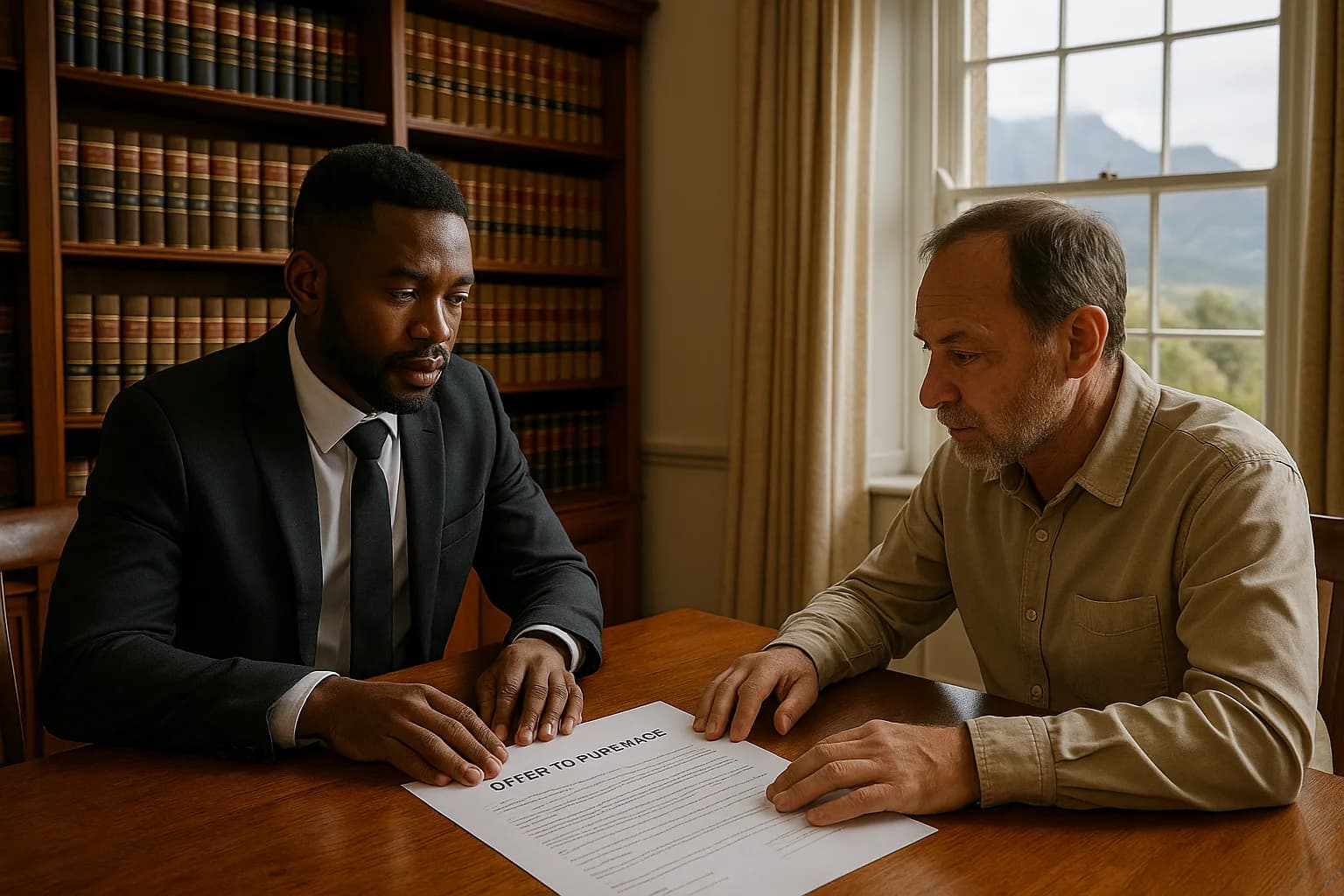 A South African attorney and property seller reviewing a printed Offer to Purchase contract at a wooden table in a Cape Winelands-style office.