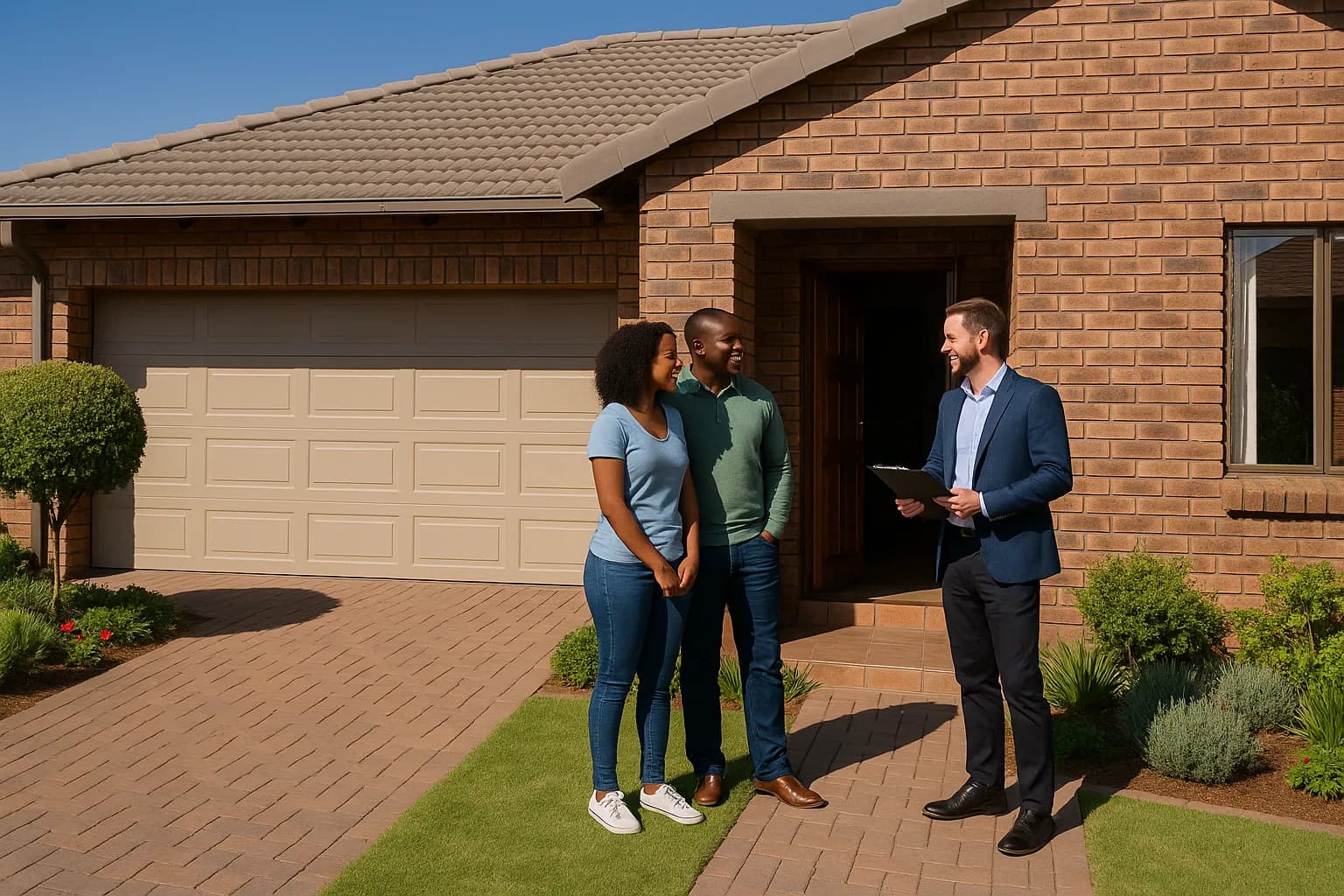 A South African estate agent discussing occupation rent terms with buyers at the front door of a Highveld face-brick home.