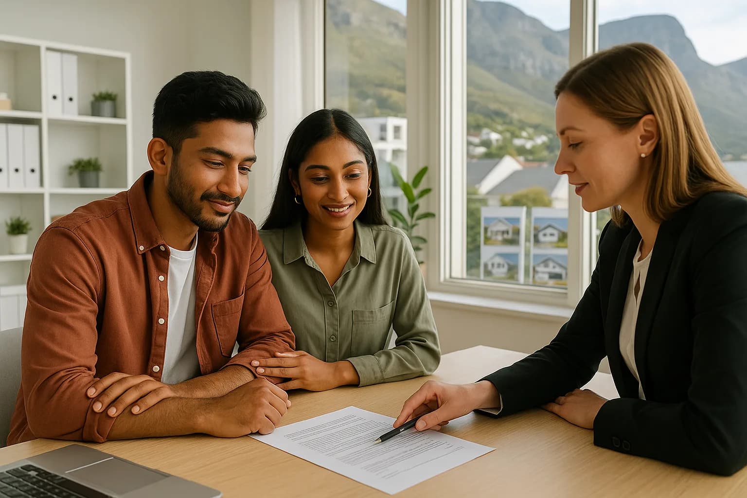 A young couple listens as a female estate agent explains clauses in a property document at a Cape Town office.