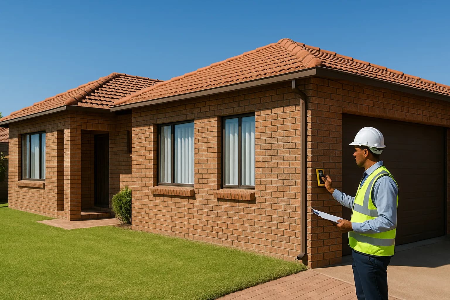 A male property inspector examines the exterior wall of a Highveld face-brick home during a pre-purchase building inspection.