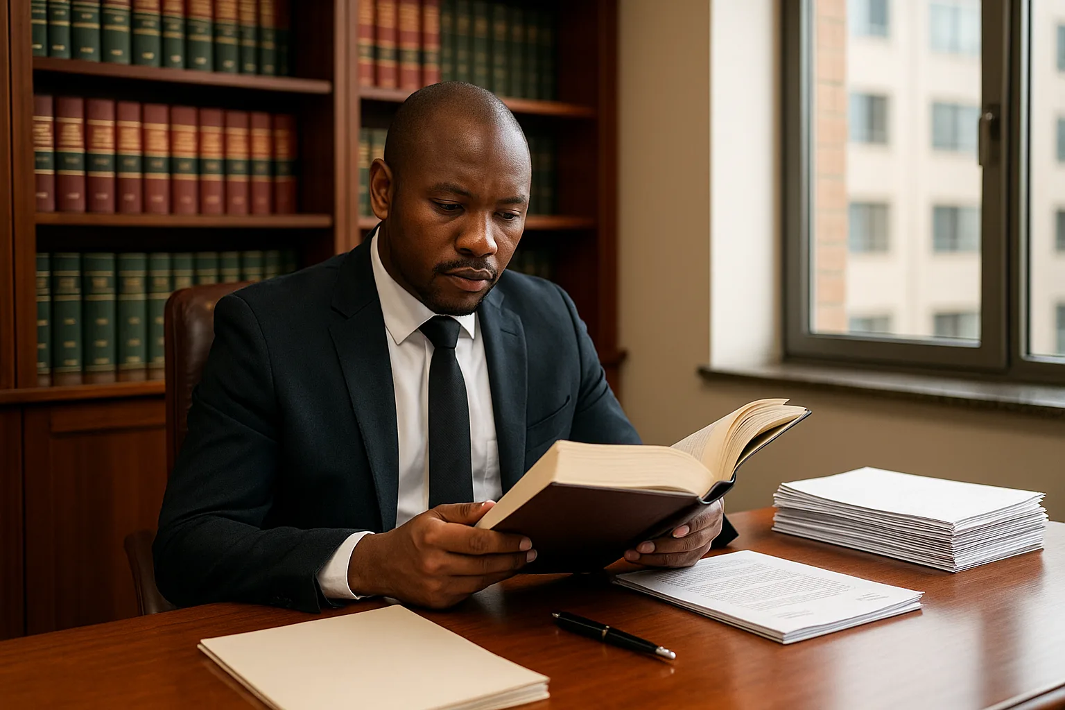 A South African conveyancer reviews a property transfer file at his desk in a Sandton law office.