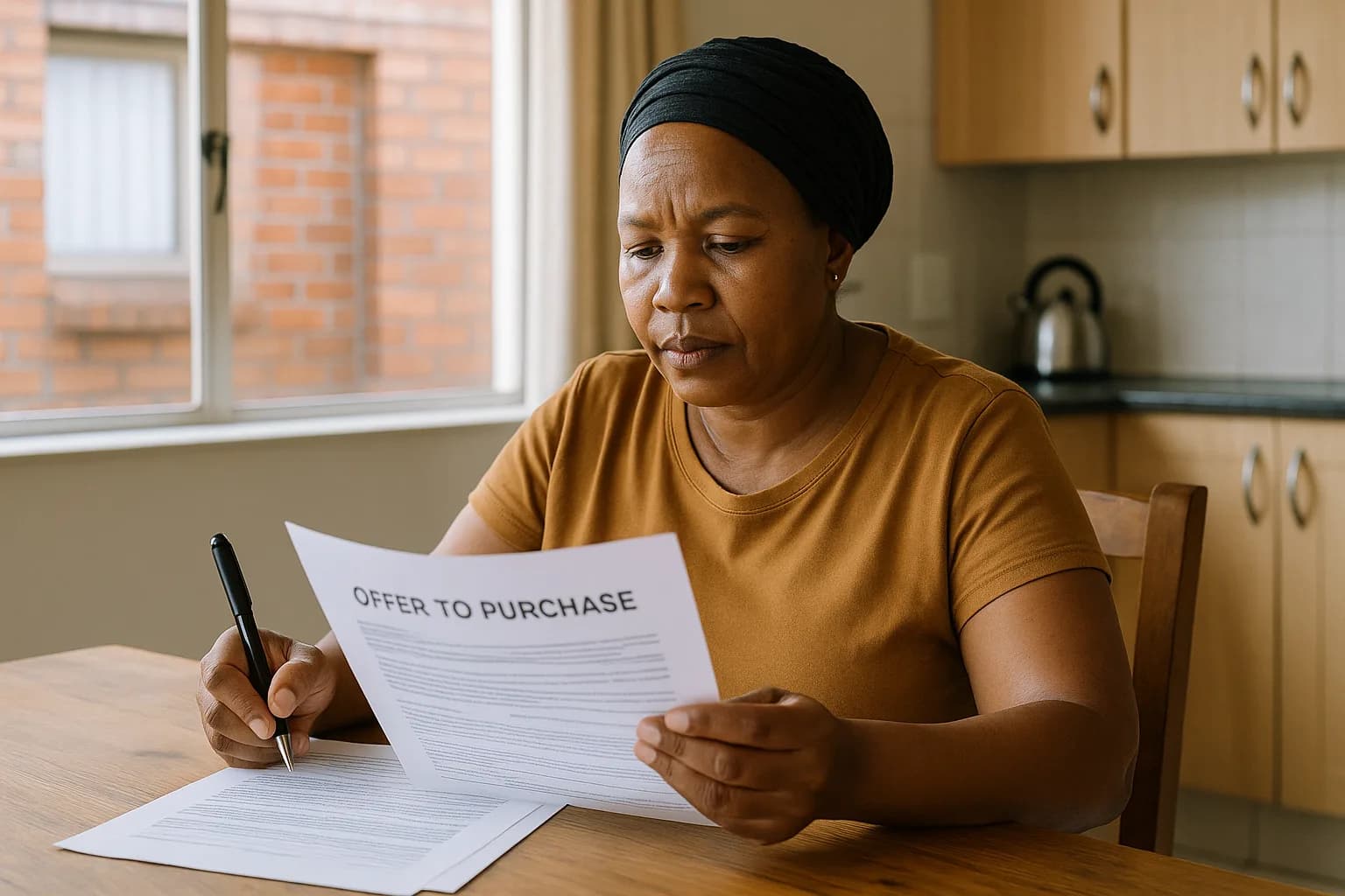 A South African homebuyer reviews offer to purchase conditions at her kitchen table in a Johannesburg suburb.